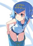  1girl bent_over blue_eyes blue_hair bright_pupils hairband henry_bird_9 leaning_forward looking_to_the_side pokemon pokemon_(game) pokemon_sm short_hair sleeveless smile solo suiren_(pokemon) swimsuit swimsuit_under_clothes undressing wet wet_clothes 
