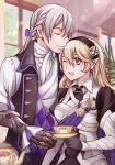  1boy 1girl alicest0113 armor blonde_hair butler closed_eyes cup female_my_unit_(fire_emblem_if) fire_emblem fire_emblem_if headband joker_(fire_emblem_if) my_unit_(fire_emblem_if) ponytail red_eyes silver_hair teacup 