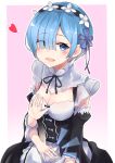  1girl 28aarts :d blue_eyes blue_hair blush breasts cleavage collar detached_collar detached_sleeves eyebrows_visible_through_hair eyes_visible_through_hair flower frilled_collar frilled_sleeves frills gradient gradient_background hair_flower hair_ornament hair_over_one_eye hair_ribbon heart highres large_breasts maid maid_headdress medium_breasts open_mouth patting patting_lap pink_background puffy_sleeves purple_ribbon re:zero_kara_hajimeru_isekai_seikatsu rem_(re:zero) ribbon short_hair smile solo white_background white_flower 