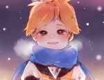  1boy :d bangs blonde_hair blue_scarf blush borrowed_garments breath brown_eyes kagamine_len kouhara_yuyu looking_at_viewer male_focus open_mouth sailor_collar scarf sketch smile snowing solo swept_bangs upper_body vocaloid winter 