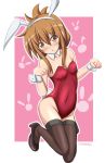  1girl animal_ears bare_shoulders blush breasts bunny_tail bunnysuit clenched_hands detached_collar fishnet_top folded_ponytail hairband highres inazuma_(kantai_collection) kantai_collection looking_at_viewer open_mouth rabbit_ears small_breasts solo tail tamayan wrist_cuffs 