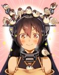  1girl animal animal_on_head bare_shoulders bird bird_on_head black_hair blush brown_eyes commentary_request eurasian_tree_sparrow face gayarou hair_between_eyes headgear kantai_collection long_hair looking_at_viewer nagato_(kantai_collection) smile solo sparkle sparrow wavy_mouth 