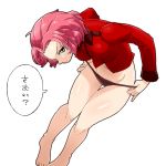  1girl adjusting_clothes adjusting_panties aono3 bangs black_panties brown_eyes full_body girls_und_panzer highres jacket leaning_forward long_sleeves looking_at_viewer military military_uniform no_pants panties parted_bangs red_jacket redhead rosehip short_hair simple_background solo standing thigh_gap translated underwear uniform white_background 