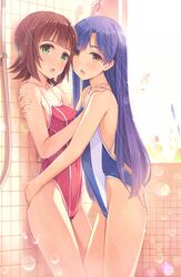  2girls amami_haruka blue_hair blush brown_eyes brown_hair competition_swimsuit flat_chest green_eyes idolmaster kisaragi_chihaya long_hair multiple_girls one-piece_swimsuit short_hair shower swimsuit water_drop yokaze_japan yuri 