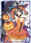  1girl animal_ears artist_request black_eyes black_hair boots breasts cleavage dress elbow_gloves frilled_skirt frills gloves hair_over_one_eye halloween hat looking_at_viewer lowres marina_wulfstan orange_boots orange_dress orange_gloves pumpkin senjou_no_valkyria senjou_no_valkyria_1 short_hair skirt small_breasts solo tail witch_hat wolf_ears wolf_tail 