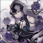  1girl black_flower black_rose breasts cleavage fate/grand_order fate_(series) flower grey_hair holding_object jeanne_d&#039;arc_(alter)_(fate) jeanne_d&#039;arc_(fate)_(all) long_hair looking_at_viewer rose skull smile solo tsurukame yellow_eyes 