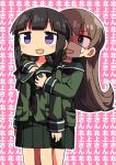  2girls black_hair breast_grab brown_eyes brown_hair grabbing kanikama kantai_collection kitakami_(kantai_collection) long_hair long_sleeves multiple_girls ooi_(kantai_collection) pleated_skirt school_uniform serafuku shaded_face skirt smile violet_eyes yuri 