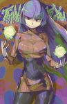  1girl bangs blunt_bangs dress eric_muentes gym_leader highres long_hair natsume_(pokemon) pantyhose poke_ball pokemon purple_hair smile 