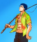  1boy abs blue_background blue_hair earrings fate/hollow_ataraxia fate/stay_night fate_(series) fishing_rod hawaiian_shirt highres jewelry kuroguro lancer looking_at_viewer ponytail red_eyes shirt solo 