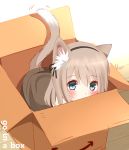  1girl animal_ears aqua_eyes bangs black_ribbon blush box brown_hair cardboard_box cat_ears cat_girl cat_tail covered_mouth english eyebrows_visible_through_hair from_above hair_between_eyes hair_ribbon in_box in_container looking_at_viewer non_(wednesday-classic) original ribbon solo sweater tail tail_wagging 