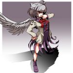 1girl ahoge bow bowtie covering_mouth dress feathered_wings folded_ponytail from_side full_body grey_hair grey_wings half_updo hand_on_hip jacket kikoka_(mizuumi) kishin_sagume long_sleeves looking_at_viewer looking_to_the_side open_clothes open_jacket purple_dress purple_shoes red_bow red_bowtie red_eyes shadow shoes side_glance single_wing solo standing touhou white_jacket wings 
