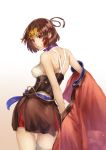  1girl ass breasts brown_hair cowboy_shot from_behind koutetsujou_no_kabaneri looking_at_viewer looking_back mumei_(kabaneri) off_shoulder red_eyes short_hair smile solo standing thighs 