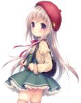  1girl bag beret brown_eyes hat highres long_hair looking_at_viewer original school_bag school_uniform silver_hair simple_background smile solo usashiro_mani white_background 