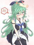  1girl blush breasts green_hair hair_ribbon highres impossible_shirt kantai_collection kneehighs large_breasts long_hair petting ribbon skirt solo yamakaze_(kantai_collection) yui_(seiga) 