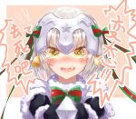  1girl bell black_gloves blonde_hair blush chinese fang fate/grand_order fate_(series) gloves hair_ribbon headpiece highres jeanne_alter jeanne_alter_(santa_lily)_(fate) looking_at_viewer ltai pointing_weapon ribbon ruler_(fate/apocrypha) simple_background solo tears translated yellow_eyes 