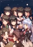  &gt;:( 6+girls arms_around_neck ayanami_(kantai_collection) bangs black_hair blue_skirt blunt_bangs blush bodysuit bow braid brown_eyes brown_hair brown_scarf checkered_scarf cheek_kiss closed_eyes coat crossed_arms frown fubuki_(kantai_collection) green_eyes hair_bow hair_over_shoulder hair_ribbon hatsuyuki_(kantai_collection) headgear high_ponytail ichikawa_feesu isonami_(kantai_collection) kantai_collection kiss light_smile lips long_hair long_sleeves looking_at_another looking_at_viewer looking_away miyuki_(kantai_collection) multiple_girls murakumo_(kantai_collection) navel neckerchief necktie open_mouth pleated_skirt ponytail red_necktie red_ribbon remodel_(kantai_collection) ribbon sailor_collar scarf school_uniform serafuku shikinami_(kantai_collection) shirayuki_(kantai_collection) short_hair short_ponytail short_sleeves side_ponytail sidelocks silver_hair single_braid skirt snowing tareme tsurime twintails uranami_(kantai_collection) winter_clothes 