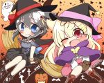  2girls ;d alternate_costume black_hair black_ribbon blonde_hair blue_eyes broom broom_riding chibi closed_mouth fang ghost hair_flaps hair_ornament hair_ribbon hairclip halloween_costume hat highres jako_(jakoo21) kantai_collection long_hair multiple_girls one_eye_closed open_mouth red_eyes remodel_(kantai_collection) revision ribbon shigure_(kantai_collection) short_sleeves smile witch_hat yuudachi_(kantai_collection) 