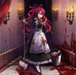  1girl blood bloody_clothes bone bucket candle heart_(organ) highres kim_eb long_hair looking_at_viewer maid mop original red_eyes redhead saliva smile solo white_legwear 