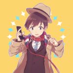  1boy akadaidai blue_necktie brown_eyes brown_hair cellphone collar confused flip_phone leash looking_down male_focus moritsuka_shun necktie occultic;nine open_mouth oversized_clothes phone simple_background solo suit_jacket sweatdrop trench_coat upper_body yellow_background 