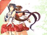  2girls abo_(hechouchou) arched_back asymmetrical_legwear back-to-back bare_shoulders between_breasts black_hair breasts brown_eyes brown_hair cherry_blossoms collarbone cowboy_shot detached_sleeves floral_background flower garter_straps glove_pull gloves hair_between_eyes headgear kantai_collection large_breasts long_hair looking_away midriff multiple_girls navel necktie necktie_between_breasts panties pantyshot pantyshot_(standing) pleated_skirt ponytail red_eyes red_skirt school_uniform shiny shiny_hair skirt standing thighs umbrella underwear very_long_hair white_background white_gloves yahagi_(kantai_collection) yamato_(kantai_collection) z_flag 