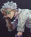  1boy black_background cropped_torso crying crying_with_eyes_open diamond_(symbol) dr._junkenstein eyelashes facial_hair fan_ju fang from_side gem glowing goggles goggles_on_head hair_slicked_back hand_in_hair hand_on_own_head hand_over_eye hand_up highres junkrat_(overwatch) labcoat leaning_forward light_particles looking_at_viewer male_focus mechanical_arm orange_eyes overwatch pencil pencil_behind_ear piercing profile runny_nose signature sleeves_rolled_up solo stubble tears upper_body white_hair 