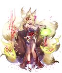  1girl animal_ears bell blonde_hair breasts cleavage floral_print fox_ears fox_tail hair_ornament japanese_clothes kayou_(sennen_sensou_aigis) kimono large_breasts long_hair long_nails long_sleeves mole mole_on_breast multiple_tails nail_polish obi off_shoulder official_art open_mouth petals pink_eyes sash sennen_sensou_aigis solo standing tail 