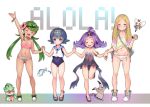  4girls :3 acerola_(pokemon) arm_grab arm_up bikini blonde_hair blue_eyes blue_hair child closed_mouth covered_navel dress eating feet flower fomantis food gluteal_fold green_eyes green_hair hair_flower hair_ornament hairband hand_holding interlocked_fingers kinnotama_(erokosei) long_hair looking_at_viewer low_twintails mallow_(pokemon) matsurika_(pokemon) mimikyu_(pokemon) multiple_girls navel onigiri open_mouth outstretched_arm pokemon pokemon_(creature) pokemon_(game) pokemon_sm purple_hair ribombee sailor_collar school_swimsuit shirt shoes short_hair sidelocks simple_background smile standing suiren_(pokemon) swimsuit thigh_gap toes twintails white_background wishiwashi 
