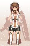  1girl apron bangs bike_shorts blush brown_background brown_hair brown_legwear chocolate chocolate_heart dangan_neko eating eyebrows eyebrows_visible_through_hair frilled_apron frills garter_belt garter_straps gradient gradient_background hair_between_eyes hair_ribbon half-closed_eyes headgear heart heart_lock_(kantai_collection) kantai_collection kneeling looking_at_viewer maid_headdress petals red_ribbon ribbon shadow silhouette solo striped striped_legwear taihou_(kantai_collection) thigh-highs vertical-striped_legwear vertical_stripes white_background white_legwear wrist_cuffs 