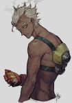  1boy arm_at_side back belt burning_hair cropped_torso dark_skin dark_skinned_male dirty_face explosive fan_ju fang fang_out from_side grey_background grey_hair hair_slicked_back highres holding junkrat_(overwatch) leaning_forward looking_at_viewer male_focus mechanical_arm overwatch parted_lips shirtless signature simple_background sketch smoke solo yellow_eyes 