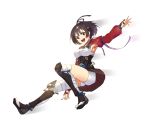  1girl arm_up bandage black_hair blue_ribbon breasts brown_eyes choker highres koutetsujou_no_kabaneri medium_breasts mumei_(kabaneri) open_mouth purple_ribbon ribbon ribbon_choker short_hair shorts shorts_under_skirt sideboob simple_background solo white_background white_shorts zxj 