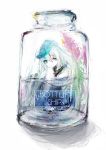  1girl assi blue_eyes bottle caption english hat hibiki_(kantai_collection) highres in_bottle in_container in_water kantai_collection knees_to_chest long_hair looking_at_viewer pun simple_background sitting sketch solo too_literal white_background white_hair 