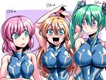  3girls bare_shoulders blonde_hair blue_eyes breast_envy breasts bust_chart competition_swimsuit edomae_neon empty_eyes fang green_eyes hair_ribbon large_breasts long_hair medium_breasts multiple_girls one-piece_swimsuit open_mouth original pink_eyes pink_hair ribbon short_hair swimsuit tsuki_wani twintails 