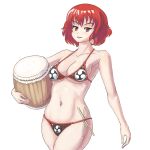  1girl bikini breasts commentary drumsticks highres horikawa_raiko instrument profitshame red_eyes redhead simple_background solo swimsuit taiko_drum 