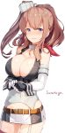  1girl belt blue_eyes blush breasts brown_hair character_name cleavage commentary_request cosplay elbow_gloves garter_straps gloves highres iowa_(kantai_collection) iowa_(kantai_collection)_(cosplay) kantai_collection large_breasts long_hair meth_(emethmeth) microskirt ponytail saratoga_(kantai_collection) side_ponytail skirt smile white_background 