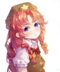  1girl beret black_bow blue_eyes bow braid chinese_clothes collared_shirt green_beret hair_bow hat hong_meiling long_hair looking_at_viewer puffy_short_sleeves puffy_sleeves redhead shirt short_sleeves solo star touhou twin_braids white_background yellow_bow yuer_(miyuexinling) 