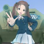  1girl brown_eyes brown_hair chimaki_(u9works) girls_und_panzer ground_vehicle hand_on_hip head_tilt jagdpanzer_38(t) kadotani_anzu long_hair looking_at_viewer military military_vehicle motor_vehicle open_mouth pose sketch sky smile solo tank tank_destroyer twintails uniform v 