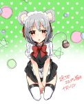  1girl abe_suke alternate_costume animal_ears apron bangs basket between_legs blush bow bowtie brown_eyes enmaided eyebrows_visible_through_hair grey_hair hand_between_legs highres looking_at_viewer maid maid_headdress mouse_ears mouse_tail nazrin open_mouth red_neckwear seiza short_hair short_sleeves signature sitting solo sweat tail thigh-highs touhou waist_apron white_legwear zettai_ryouiki 