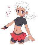  blush bracelet braid breasts character_request copyright_request dark_skin jewelry metata midriff navel red_skirt shorts shorts_under_skirt skin_tight skirt small_breasts turtleneck violet_eyes watch white_hair 