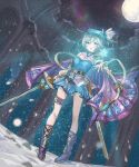  anastasia_(idolmaster) bare_shoulders cape detached_sleeves earrings full_moon granblue_fantasy hat highres hmax idolmaster idolmaster_cinderella_girls jewelry moon rapier skirt sky star_(sky) starry_sky sword thigh_strap weapon 