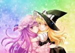  2girls arm_around_shoulder bending_forward blonde_hair blush capelet cheek-to-cheek crescent crescent_hair_ornament frown gradient gradient_background grin hair_ornament hand_on_another&#039;s_back hat hat_ribbon heart highres hug kirisame_marisa light_particles long_hair looking_at_viewer mob_cap multicolored_background multiple_girls one_eye_closed patchouli_knowledge pink_robe puffy_short_sleeves puffy_sleeves purple_hair ribbon sato-pon short_sleeves skirt skirt_set smile star starry_background symbol-shaped_pupils touhou twitter_username violet_eyes witch_hat yellow_eyes yuri 