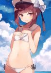  1girl anchor beret bikini blush bow brown_eyes brown_hair clothes_writing clouds cloudy_sky commentary flat_chest hands_on_own_chest haruka_(reborn) hat hat_bow kantai_collection lens_flare looking_at_viewer navel sailor_bikini sailor_collar short_hair short_hair_with_long_locks side-tie_bikini sky smile solo swimsuit white_bikini z3_max_schultz_(kantai_collection) 