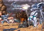  alien battle blood clouds explosion firing flying gun highres holding holding_gun holding_sword holding_weapon mecha muvluv outdoors riffle sword weapon 