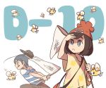  1boy 1girl :q backpack bag bangs baseball_cap beanie black_hair blue_eyes butterfly_net capri_pants countdown cutiefly female_protagonist_(pokemon_sm) floral_print hand_net hat male_protagonist_(pokemon_sm) pants pokemon pokemon_(creature) pokemon_(game) pokemon_sm red_hat shirt short_hair simple_background ssalbulre striped striped_shirt swept_bangs t-shirt tied_shirt tongue tongue_out white_background wide_sleeves 