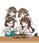  4girls :d ;d absurdres ahoge black_hair book brown_eyes brown_hair commentary_request detached_sleeves double_bun glasses grey_eyes grey_hair hairband haruna_(kantai_collection) hiei_(kantai_collection) highres holding hoshino_banchou kantai_collection kirishima_(kantai_collection) kongou_(battleship) kongou_(kantai_collection) long_hair military military_vehicle multiple_girls nontraditional_miko one_eye_closed open_mouth petting plamo pointing ship short_hair simple_background smile tamiya_incorporated translated warship watercraft white_background 