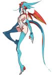  1girl blue_eyes blue_gloves blue_hair blue_legwear breasts claws cleavage dragon_girl dragon_horns dragon_tail dragon_wings elbow_gloves full_body garter_straps gloves horns kz_609 leotard open_mouth personification pokemon pokemon_(game) pokemon_rse red_wings salamence short_hair simple_background small_breasts solo tail thigh-highs white_background wings 