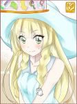  1girl blonde_hair blush braid cursor dress gameplay_mechanics green_eyes hat highres kawahara_natsuki lillie_(pokemon) long_hair pokemon pokemon_(game) pokemon_sm sleeveless sleeveless_dress solo sun_hat twin_braids white_dress white_hat 