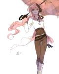  black_gloves boots breasts brown_eyes brown_hair character_name cleavage contrapposto cropped_jacket gigaslash gloves heterochromia long_hair multicolored_hair neo_(rwby) pink_eyes pink_hair rwby sketch umbrella white_background 