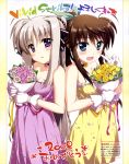  2girls absurdres ahoge bare_shoulders blue_eyes blush bouquet bow breasts brown_hair choker cleavage collarbone dress flower fujima_takuya fuuka_reventon gloves hair_ribbon highres holding_bouquet long_hair looking_at_viewer lyrical_nanoha multiple_girls official_art open_mouth ponytail ribbon rinne_berlinetta scan scan_artifacts shiny shiny_hair sidelocks silver_hair smile strapless strapless_dress text violet_eyes vivid_strike! white_gloves 