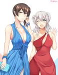  2girls ;d absurdres alternate_costume armpits bag blue_dress blue_eyes bracelet breasts brown_eyes brown_hair cleavage collarbone contemporary curly_hair dress earrings evening_gown handbag highres holding jewelry kaga_(kantai_collection) kantai_collection kashima_(kantai_collection) long_hair looking_at_viewer multiple_girls one_eye_closed open_mouth red_dress silver_hair simple_background smile twintails twitter_username wangphing waving white_background 