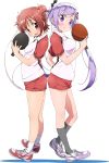  2girls back-to-back character_request holding long_hair looking_at_viewer multiple_girls official_art open_mouth paddle purple_hair red_eyes redhead shakunetsu_no_takkyuu_musume shoes short_sleeves short_twintails shorts simple_background smile sneakers table_tennis_paddle twintails violet_eyes white_background 